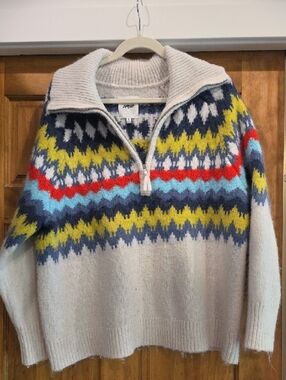 aerie Cream Fair Isle Half-Zip Sweater with Blue, Yellow & Red Accents